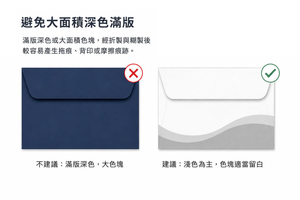 信封印刷完稿注意事項示意圖，避免大面積深色滿版與大色塊設計