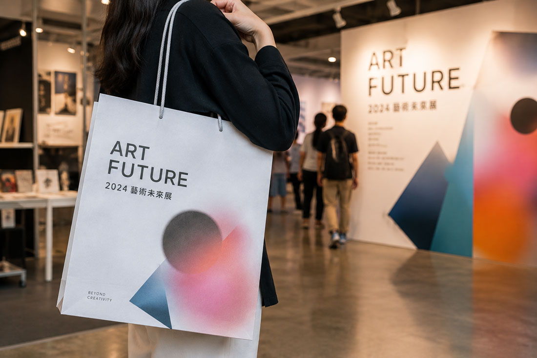 展覽活動客製手提袋印刷情境,品牌紙袋應用於展場、活動與文創展覽