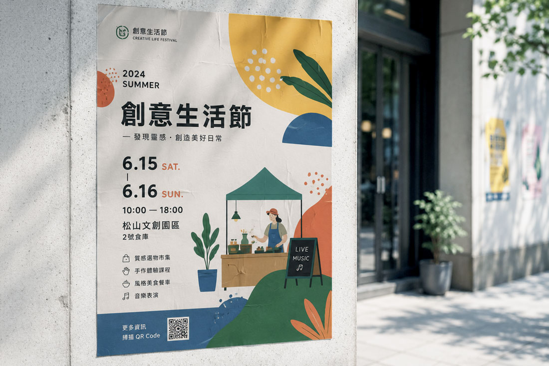 活動海報印刷情境，適合展覽、市集、講座、課程與活動宣傳張貼