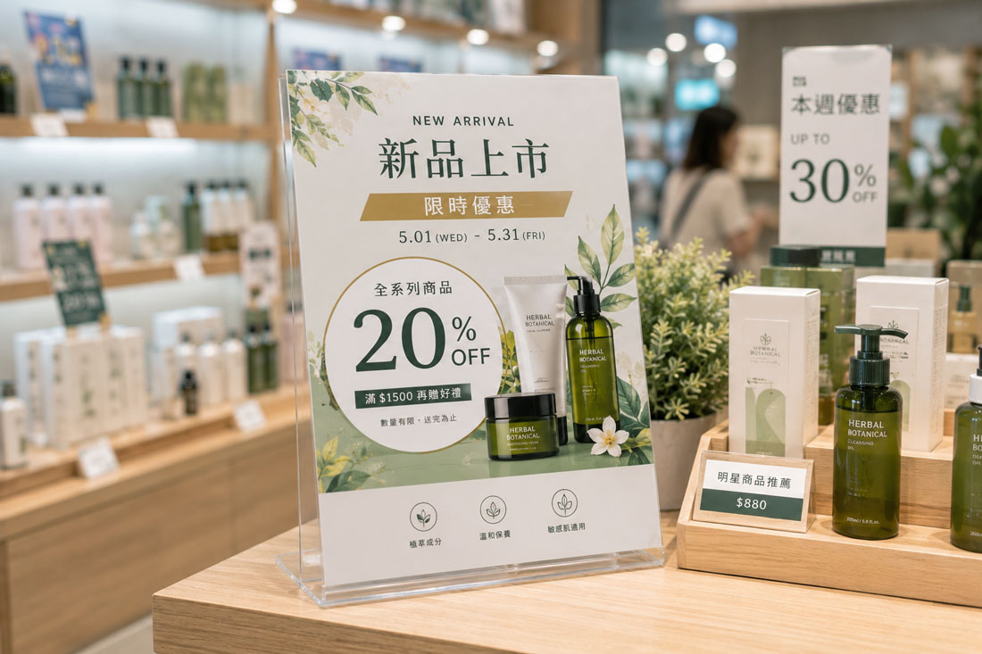 門市 POP 印刷應用情境，展示新品上市與促銷活動資訊