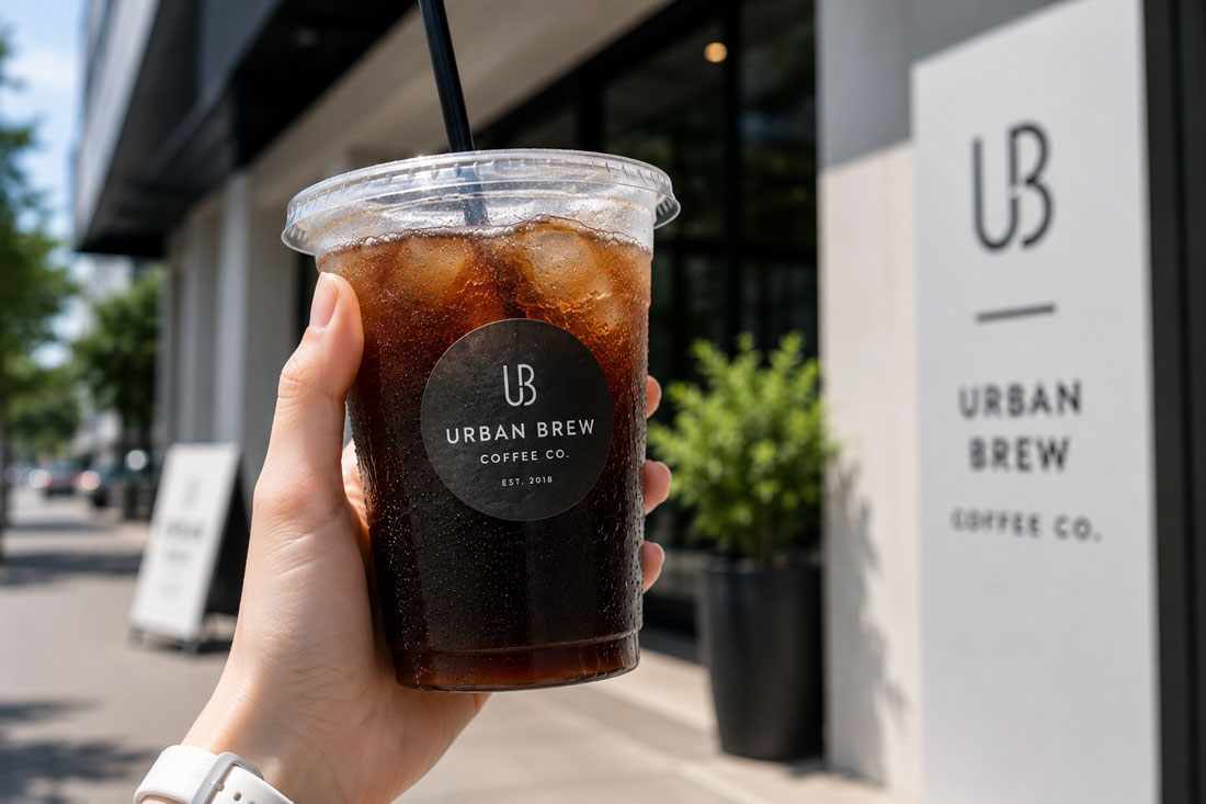 圓形貼紙黏貼於咖啡與外帶飲料杯作為品牌標籤