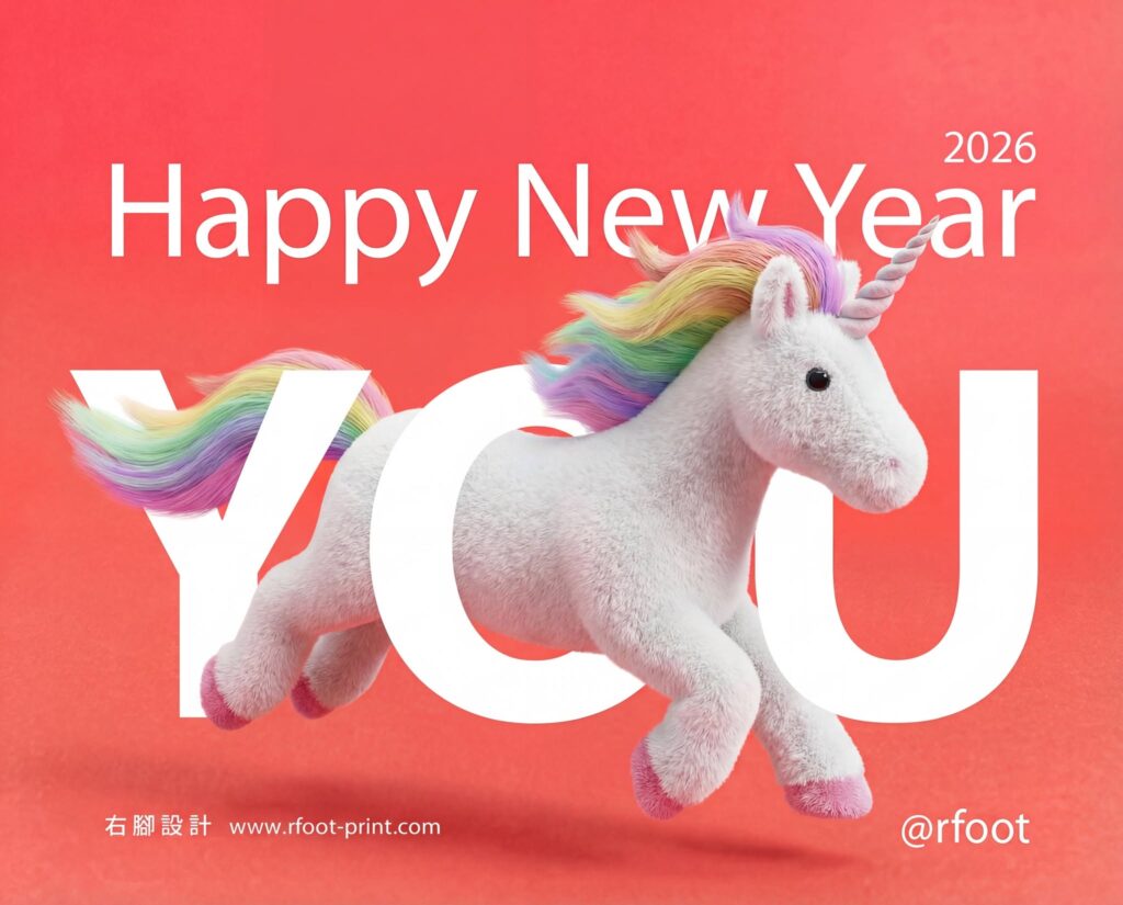 右腳設計 2026 Happy New Year 新年社群視覺，以彩色獨角獸與大型 YOU 字樣呈現新年祝福