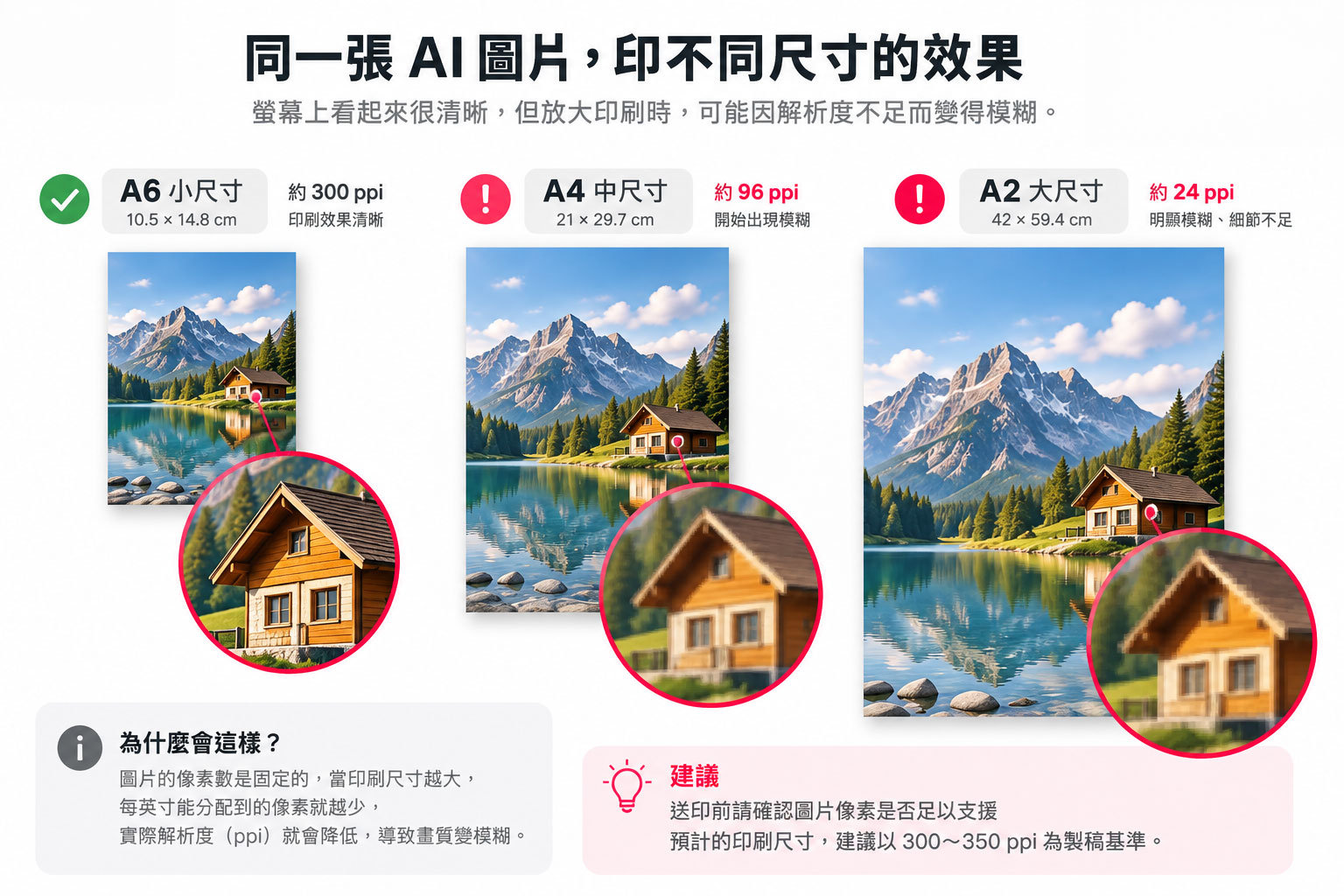 同一張 AI 圖片放大印刷後解析度降低，小尺寸清晰、大尺寸可能因解析度不足而模糊