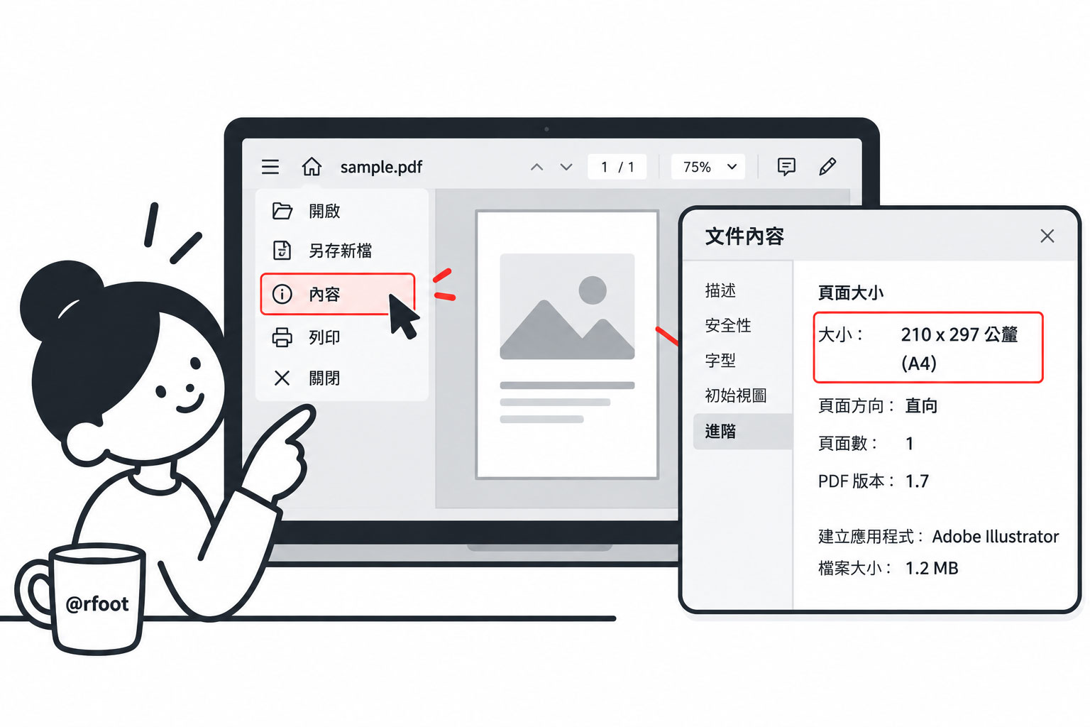 PDF 送印前檢查頁面尺寸操作示意，確認 PDF 成品尺寸是否符合印刷規格
