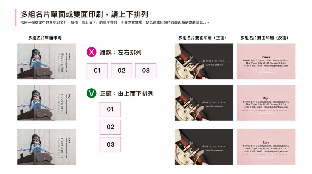 多組名片印刷檔正反面由上而下排列，避免左右放置造成配對錯誤