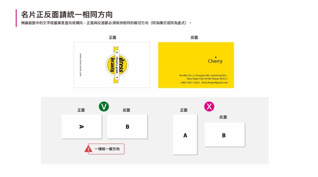 名片正反面印刷檔方向需保持一致，避免正反面方向不同造成印刷錯誤