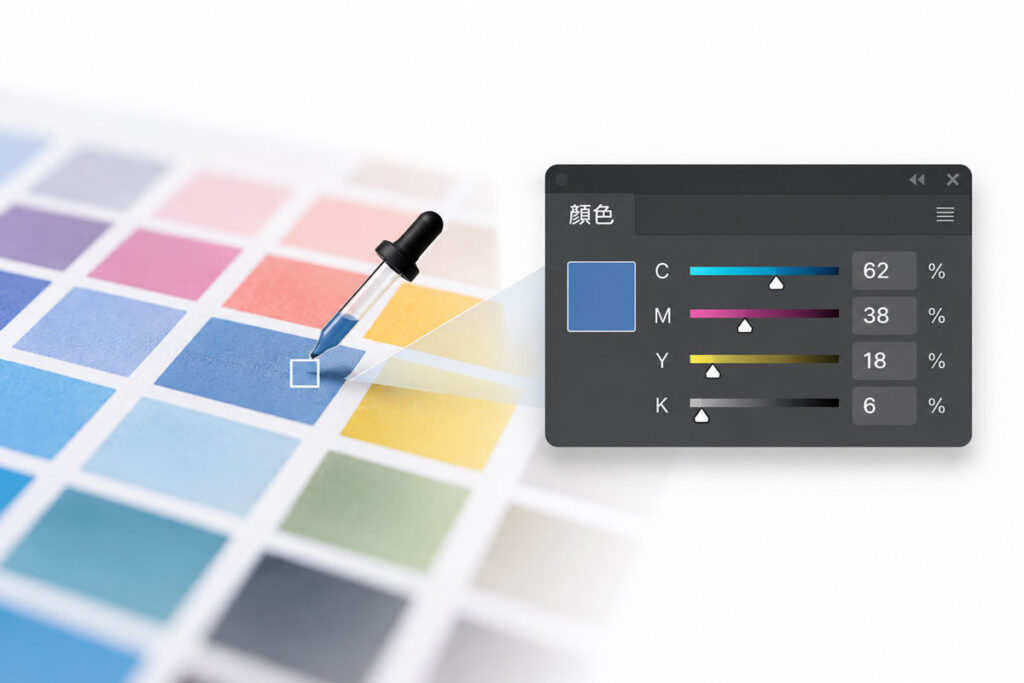 使用滴管從色盤取色後，CMYK 四個色版皆產生數值的示意圖