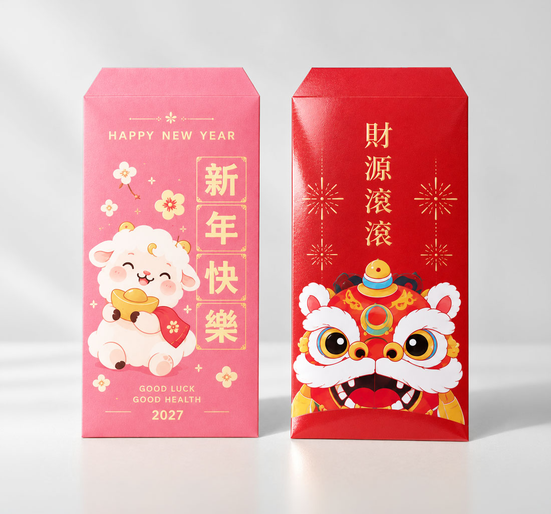 客製彩色紅包袋印刷,可使用品牌色、插畫與圖文進行全彩設計
