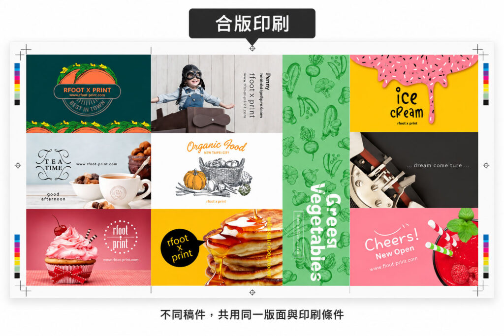 多個不同設計、色彩與尺寸的稿件共同拼版印刷，說明合版印刷共用同一版面與印刷條件