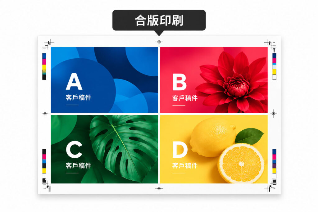 不同客戶稿件共同拼在同一印刷版面，示意合版印刷無法只針對單一稿件獨立調整印刷條件