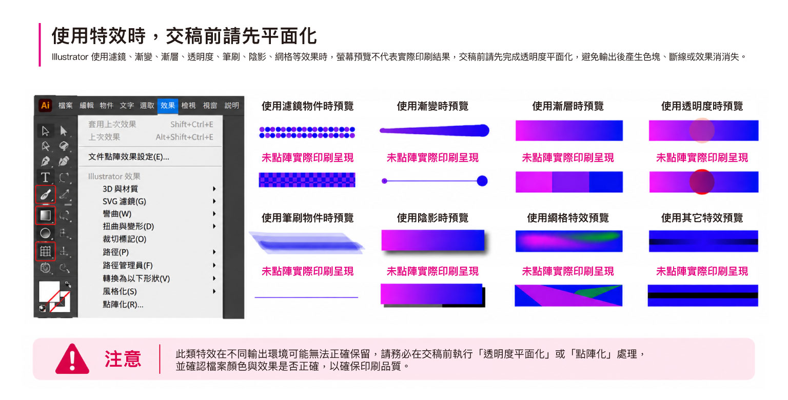 Illustrator 使用漸層、透明度、陰影、筆刷與濾鏡等特效時，交稿前完成平面化處理