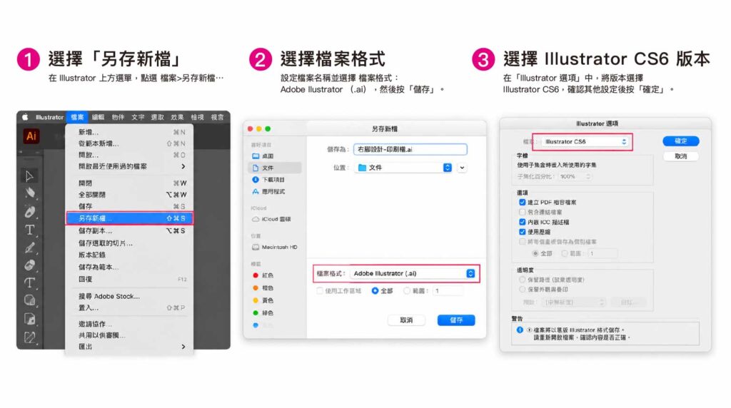 Illustrator 印刷檔降存版本設定教學，將新版 AI 檔另存為印刷可接受版本