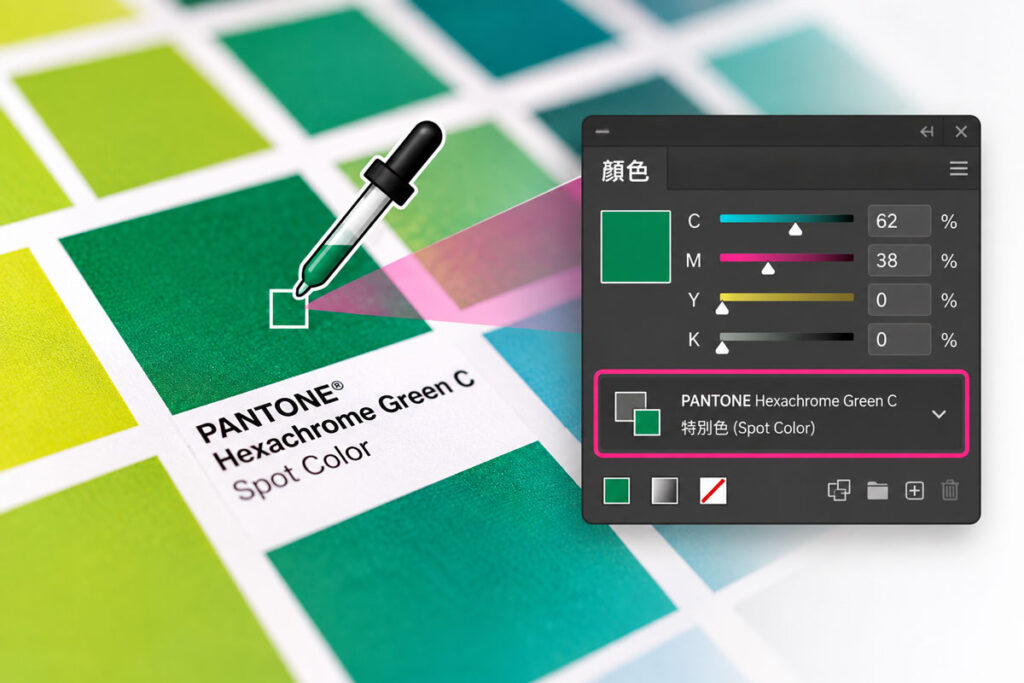 Illustrator 檔案使用 Pantone 特別色色票的示意圖，顯示特別色設定與一般 CMYK 色彩的差異