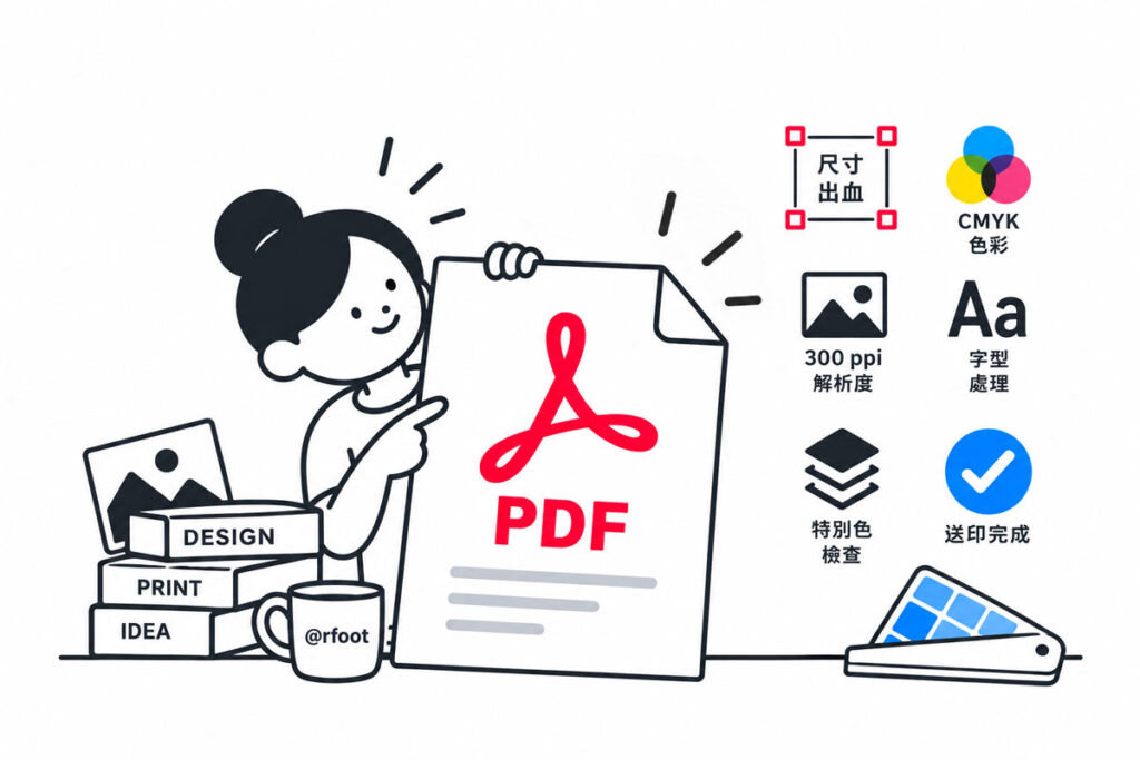 PDF 印刷完稿檢查示意，包含尺寸出血、CMYK 色彩、300 ppi 解析度、字型與特別色檢查