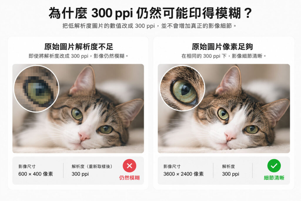 Photoshop 印刷圖片即使設定為 300 ppi，原始像素不足仍可能模糊，對比低解析度與高解析度圖片的細節差異
