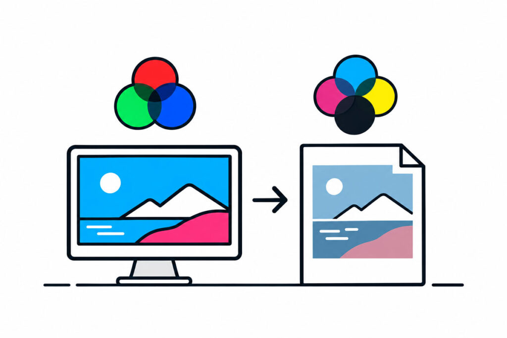RGB 螢幕顯示與 CMYK 印刷輸出的色彩模式差異示意圖