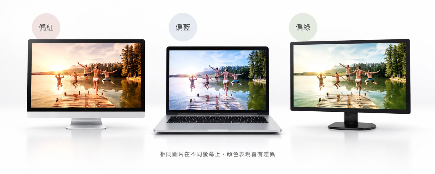 相同圖片在不同螢幕上可能出現偏紅、偏藍與偏綠的顯色差異