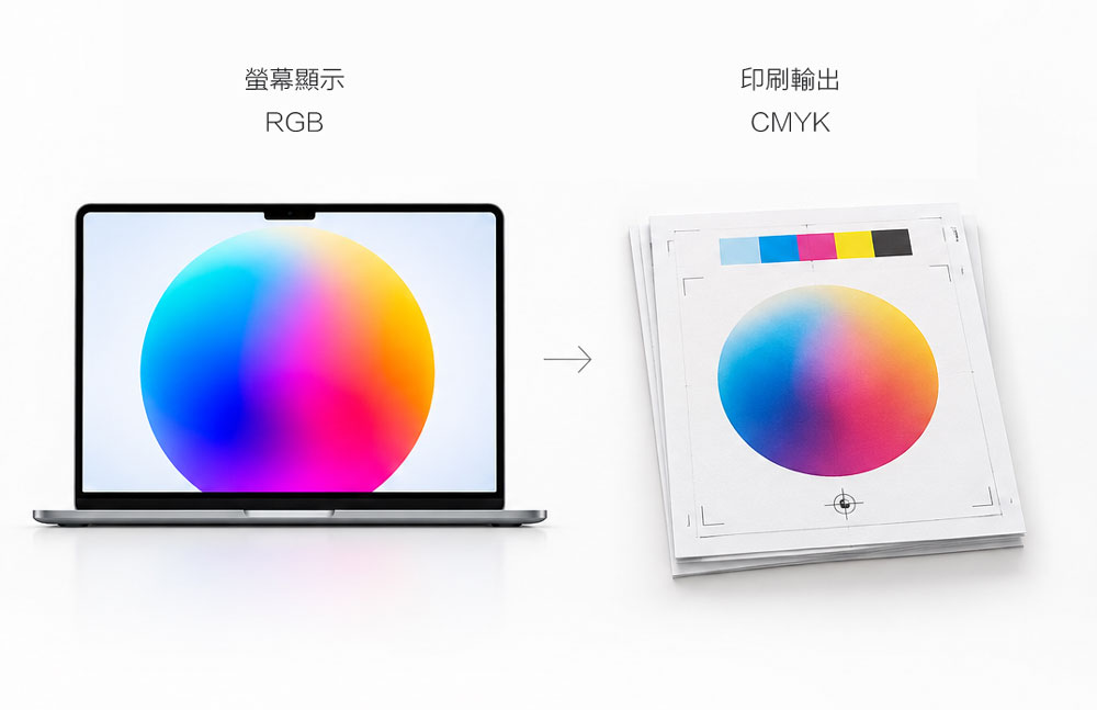 螢幕 RGB 顯示經 CMYK 印刷檔、印刷設備與紙張後產生實際印刷顏色的流程示意圖