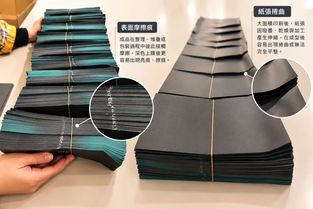 深色滿版信封印刷成型後，常見紙張捲曲與表面摩擦痕等現象，在黑色及深色印刷品上特別容易被看見。
