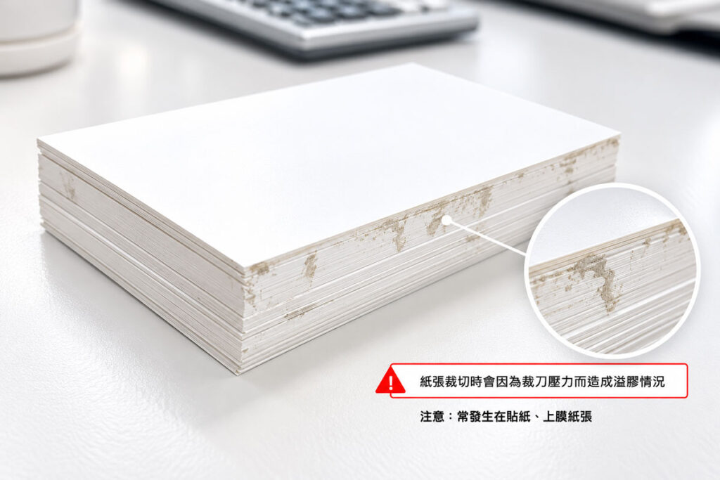 上膜紙張與貼紙裁切後，因裁切壓力使黏著膠層從紙張側邊溢出，造成堆疊邊緣出現黏膠與髒污。