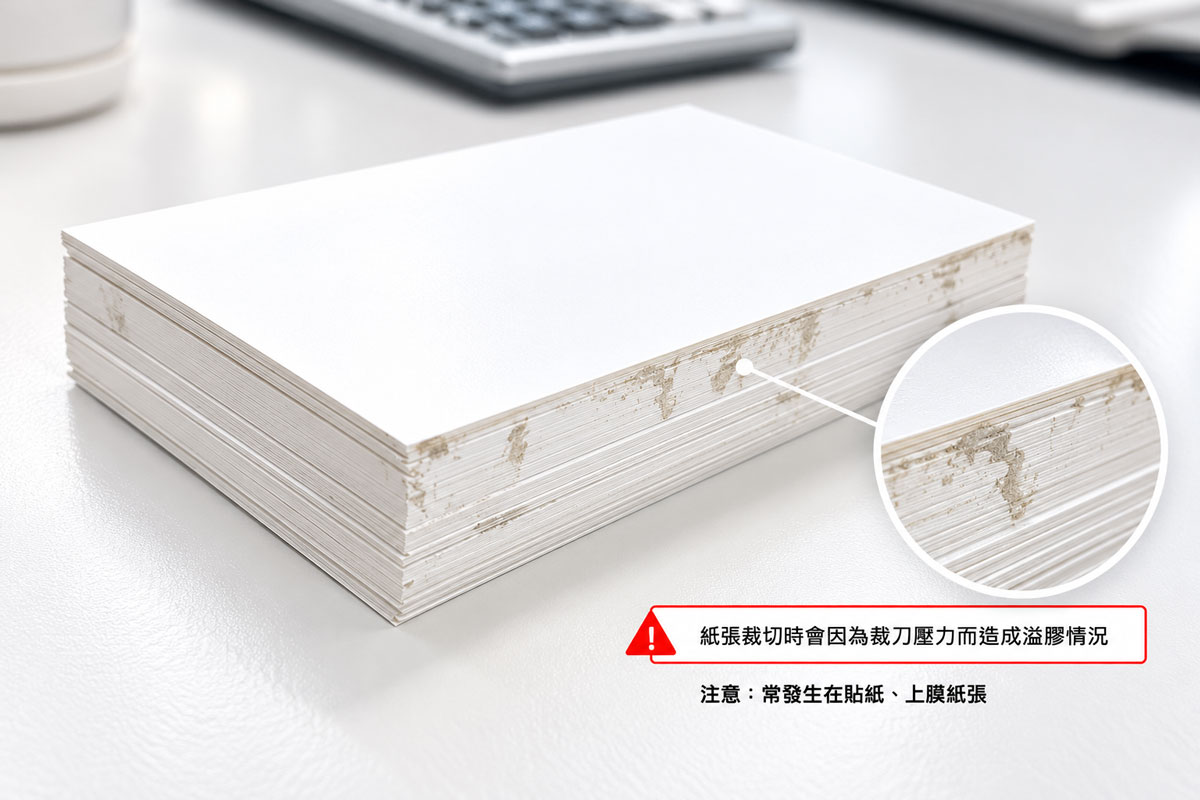 上膜紙張與貼紙裁切後，因裁切壓力使黏著膠層從紙張側邊溢出，造成堆疊邊緣出現黏膠與髒污。