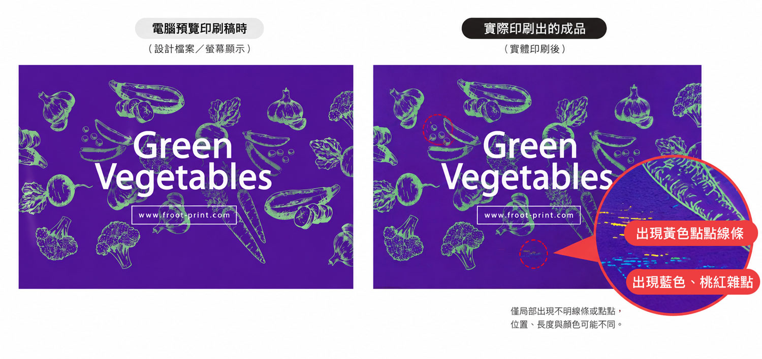 大面積深色印刷成品局部出現原稿沒有的桃紅、黃色或藍色細小線條與色點。